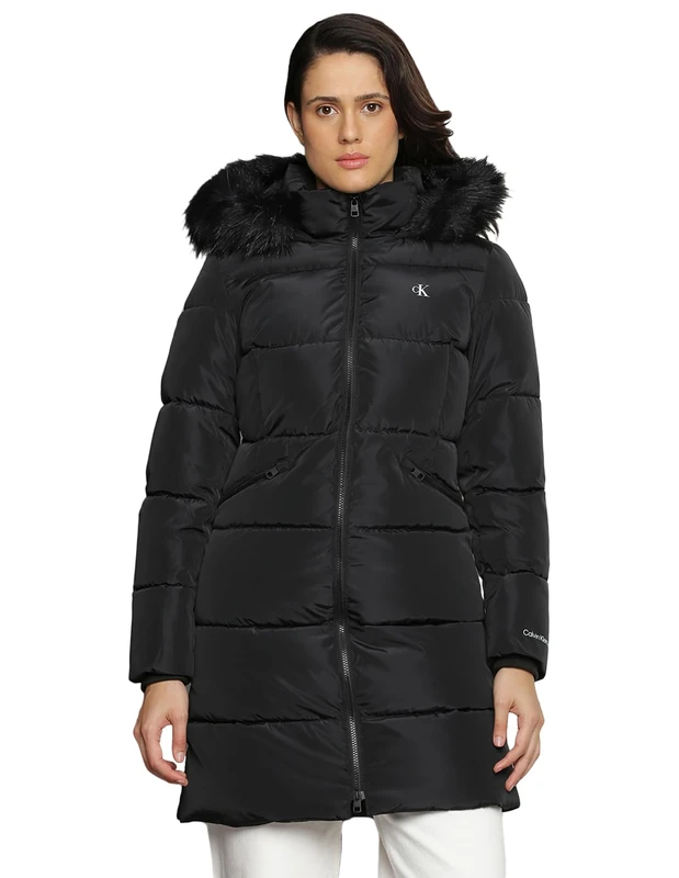 Calvin Klein Jeans Women Coat Faux Fur Hooded Fitted Long Winter, Black (Ck Black), XXL