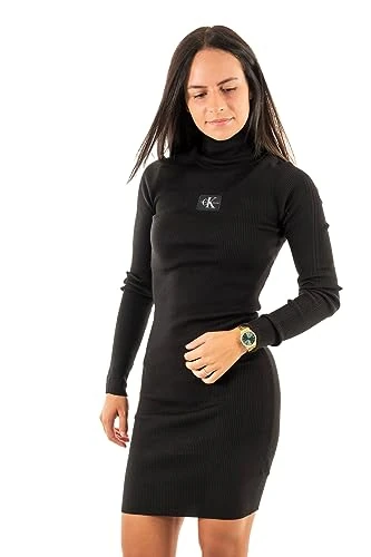 Calvin Klein Jeans Women Sweater Dress Badge Roll Neck Long Sleeve, Black (Ck Black), M