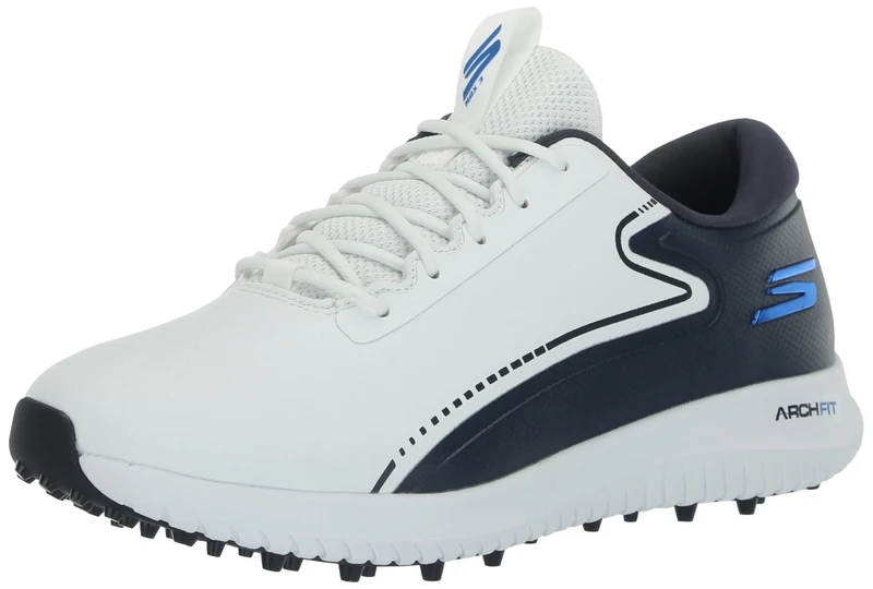 Skechers Men's Max 2 Arch Fit Waterproof Spikeless Golf Shoe Sneaker, White/Navy Blue,9.5 UK Extra Wide