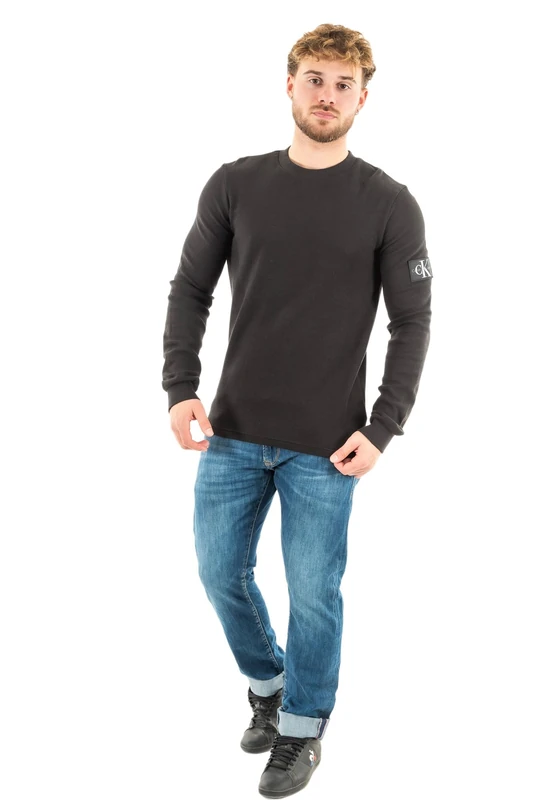 Calvin Klein Jeans Men Long-Sleeve T-Shirt Badge Waffle LS Basic, Black (Ck Black), L