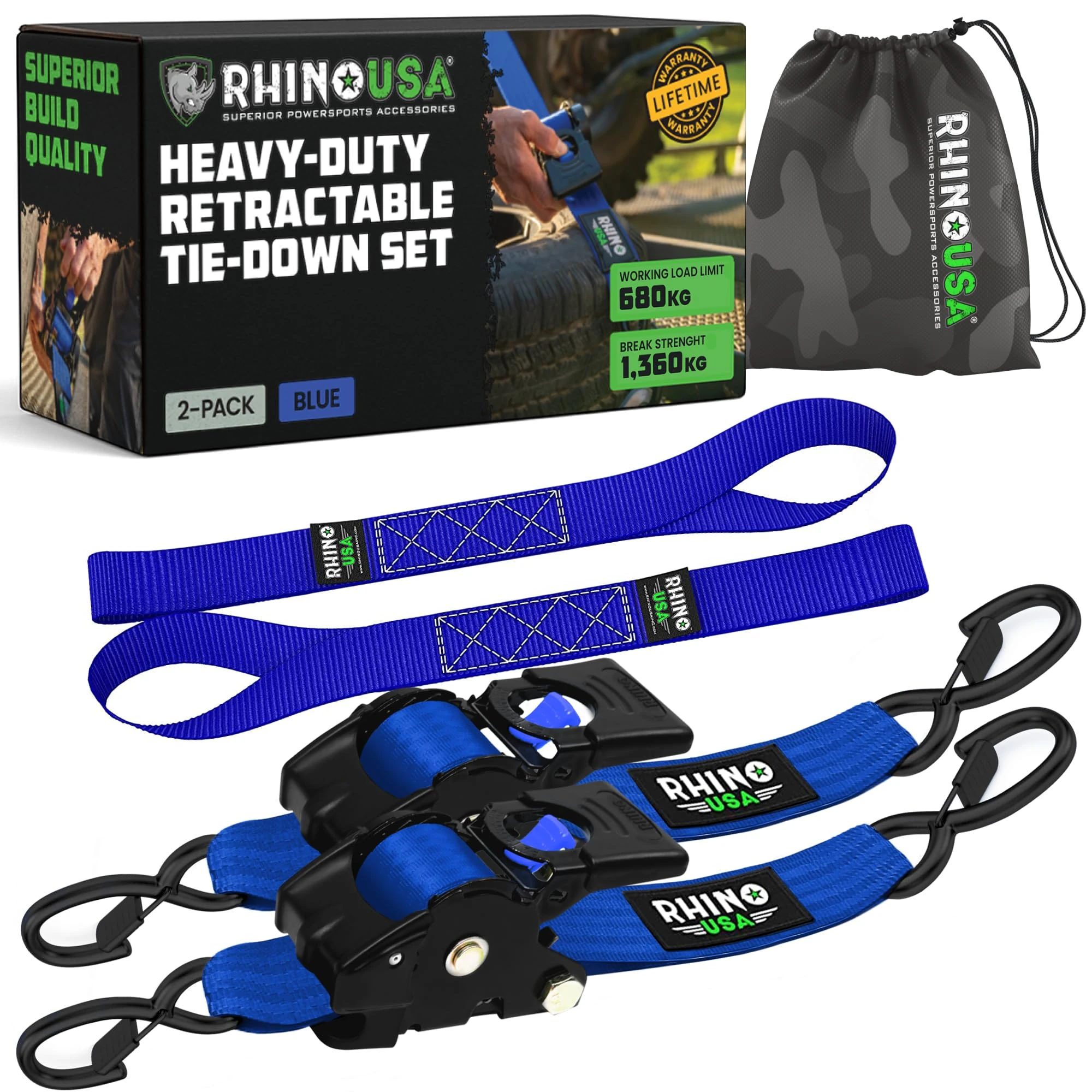 Rhino USA Retractable Ratchet Straps (2-Pack) - 5cm x 3m (1,360kg Break Strength) - Heavy Duty Auto Self-Retracting Tie Down Straps for Truck, Cargo Trailer, Motorcycle, Bike & More - Blue