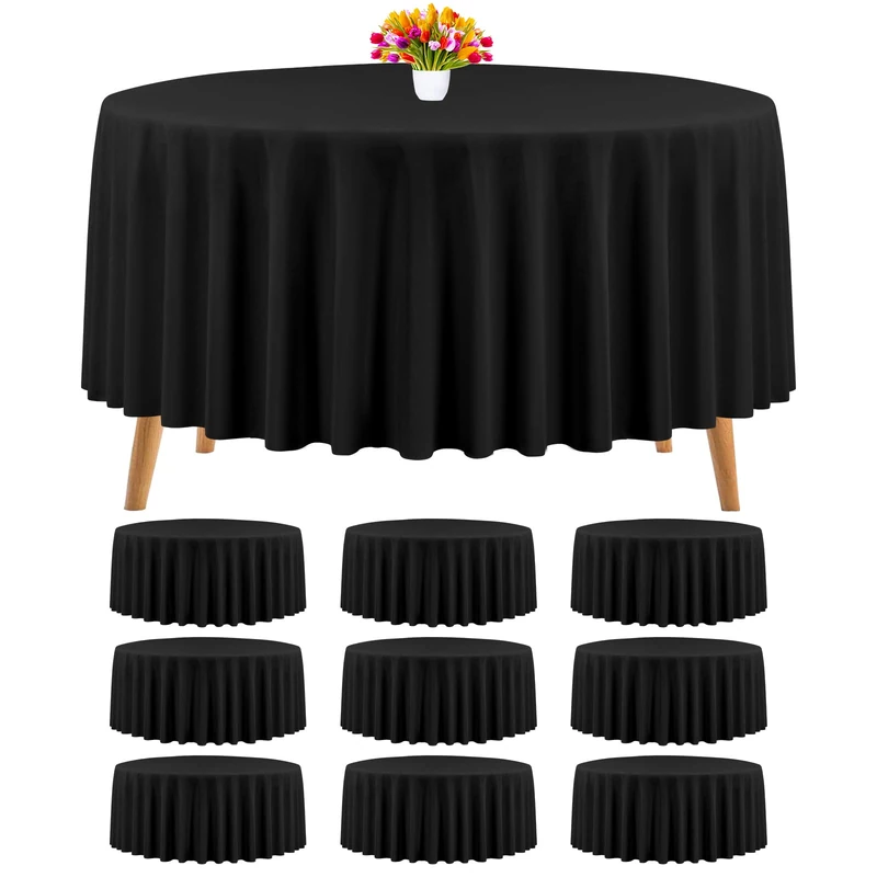 Teruntrue 10 Packs Round Tablecloth Bulk Washable Polyester Fabric Tablecloths 108 Inch Black Round Polyester Table Cloth Tablecloths for Wedding Party Banquet Buffet Table Dinner (Black, 108 Inch)
