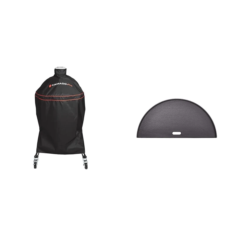 Kamado Joe Classic Joe 18 inch, Charcoal Grill Cover in Black, Compatible with the Classic I, II and III & KJ-HCIGRIDDLE Classic Joe - Half Moon Cast Iron Reversible Griddle Grill Accessory, Black