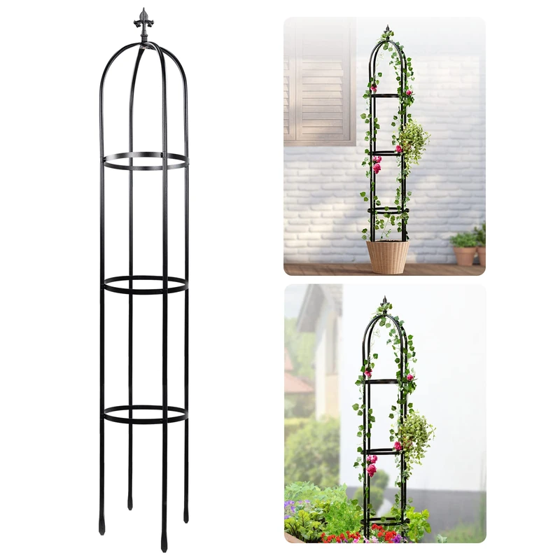 Idzo Metal Obelisk Trellis for Climbing Plants Outdoor 6ft, Heavy Duty Steel Pipe with Hammer Stone Coated for Garden Outdoor Potted Plant Support, Black Garden Trellis for Climbing Vine, 1pc