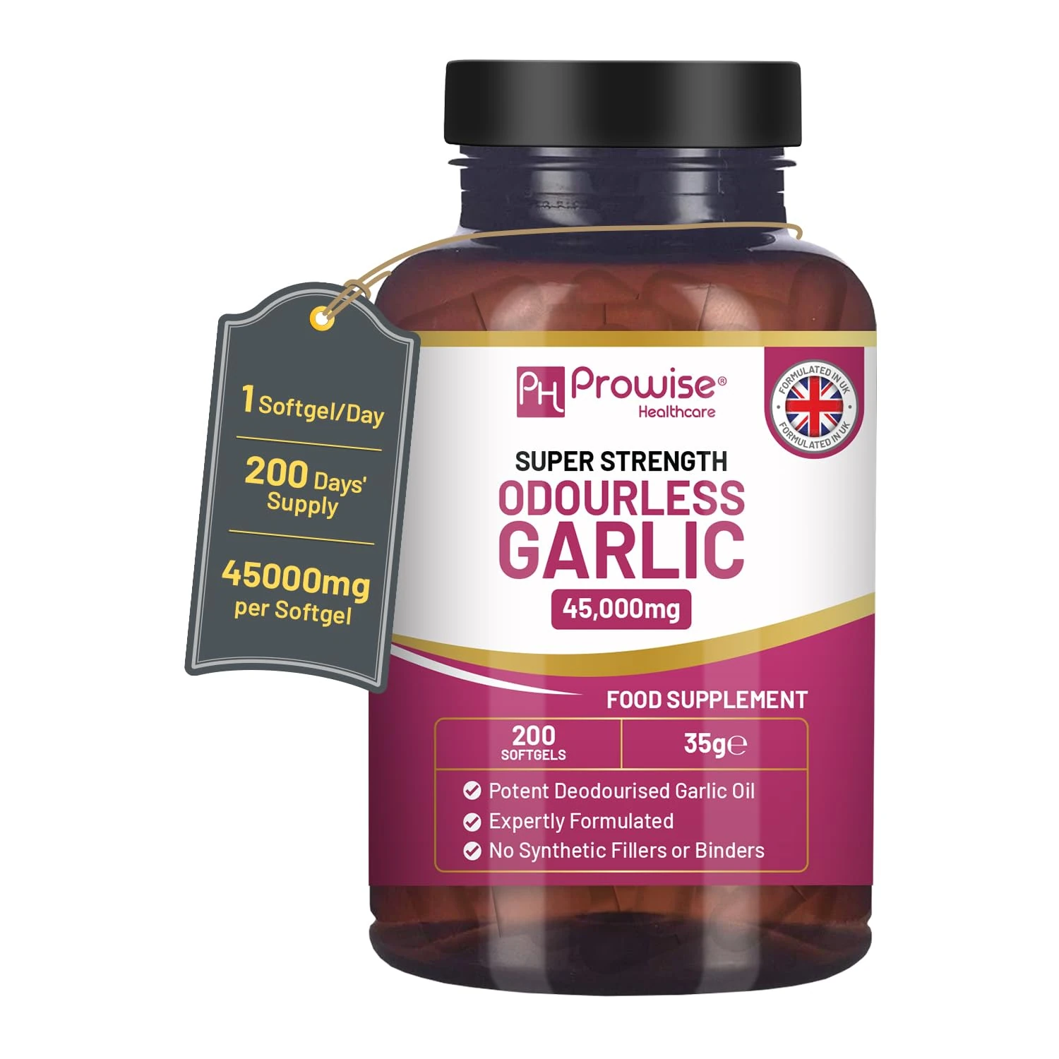 Odourless Garlic Capsules | 45,000mg per softgel | 200 softgels (not Tablets) Super High Strength | Cold Pressed and Deodourised Premium Garlic Oil Extract from Allium Sativum