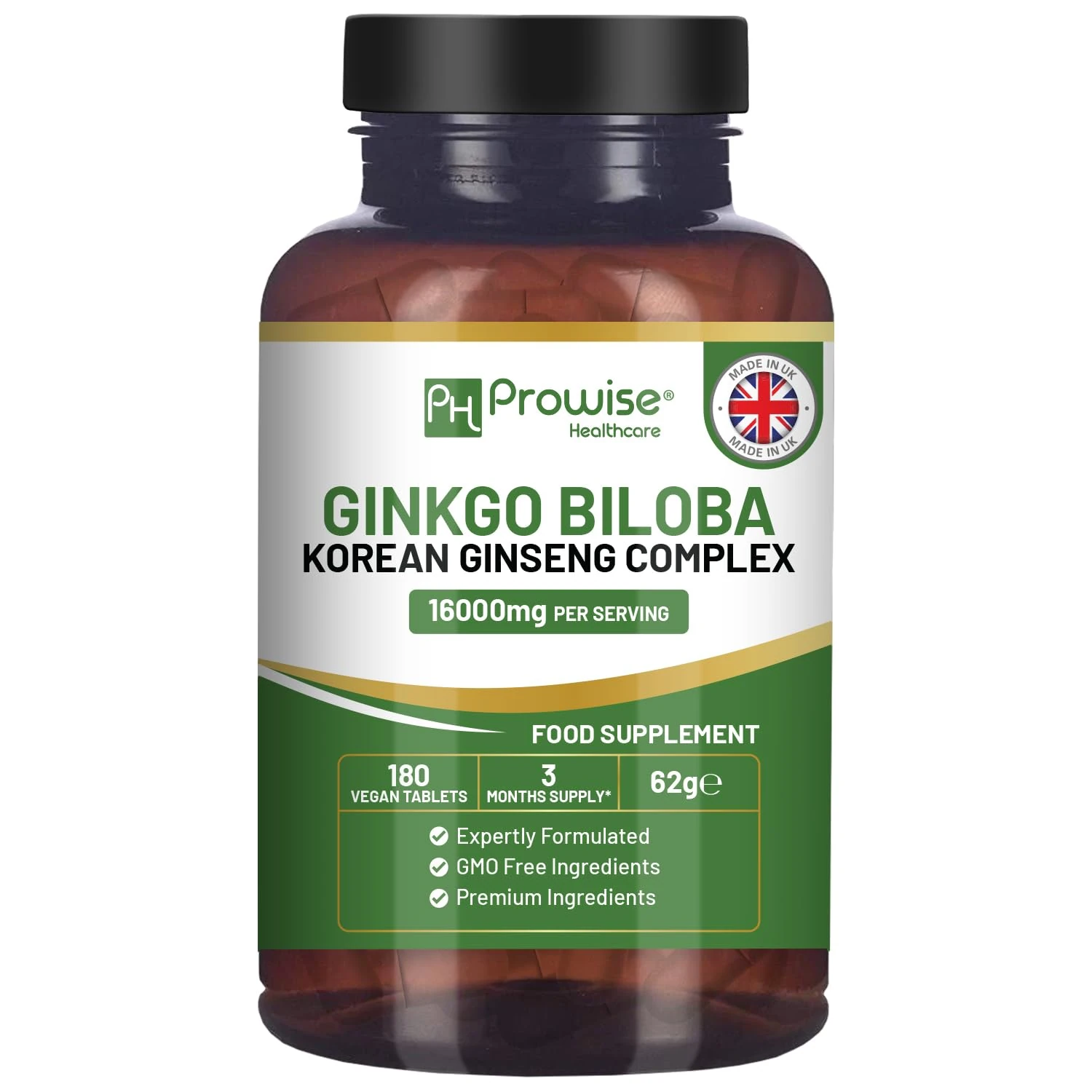 Ginkgo Biloba and Korean Ginseng Tablets 16000mg 180 Vegan Tablets | Ginkgo 12000mg & Korean Ginseng Root 4000mg Supports Cognitive Function & Mental Performance | UK Manufactured by Prowise