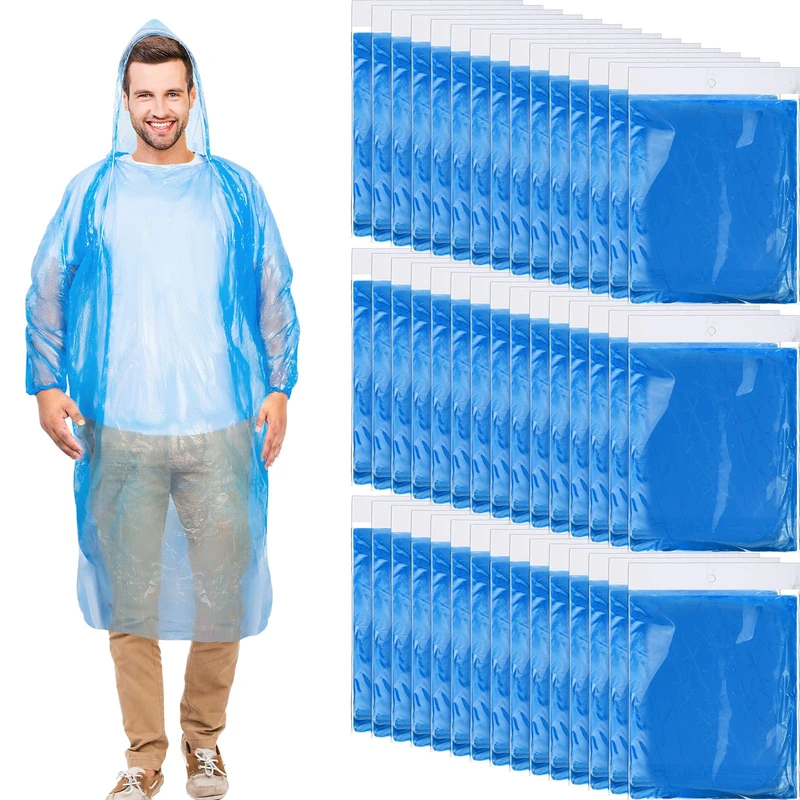 Handepo 100 Pack of Adult Rain Ponchos with Hood Disposable Rain Ponchos Plastic Emergency Raincoat Poncho for Adult Men Women, Blue, 112 cm / 44 inches, hat height is approx. 30 cm/11.81 inches