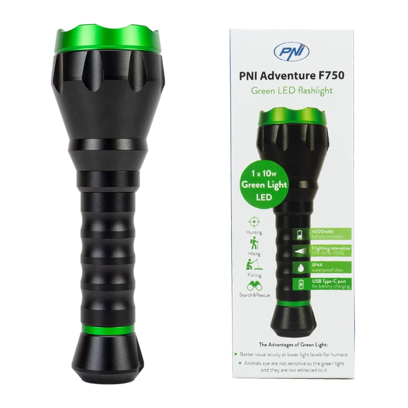 PNI Adventure F750 Green Light Aluminum Flashlight, LED 10W, 500 lm, up to 850 m, IP44, 4000mAh Battery Included, Charging via USB Type-C, Perfect Green Light for Hunting