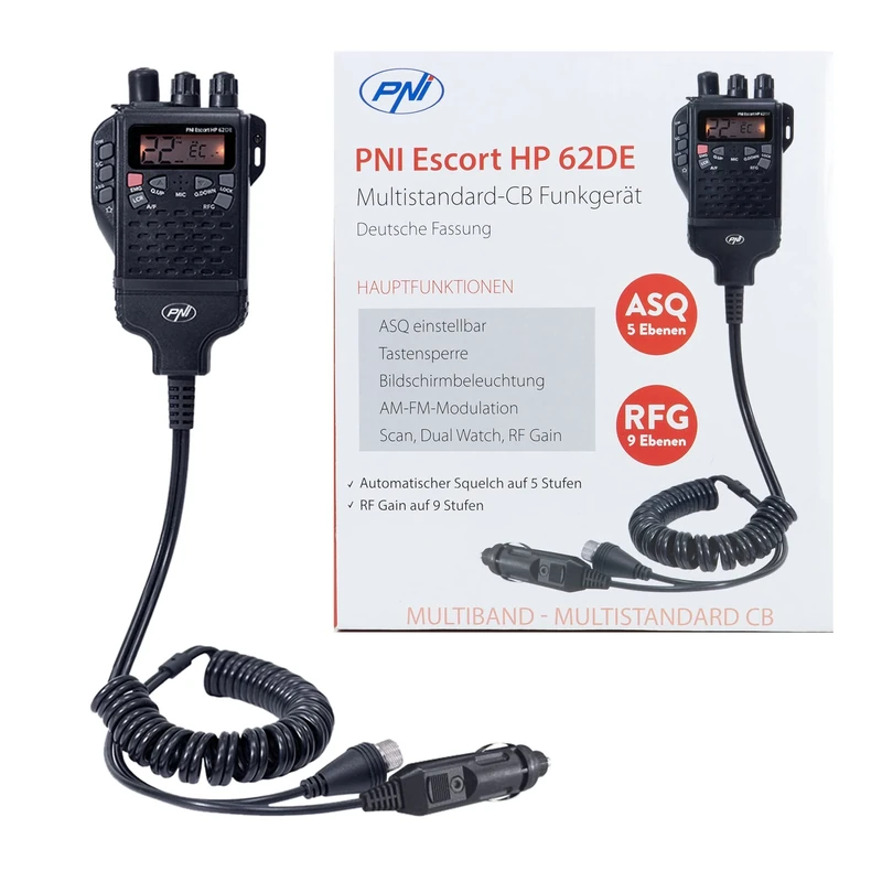 Portable CB radio station PNI Escort HP 62DE German version, multi standard, 4W, 12V, AM-FM, ASQ adjustable on 5 levels, RF Gain on 9 levels, Dual Watch, Scan, Lock