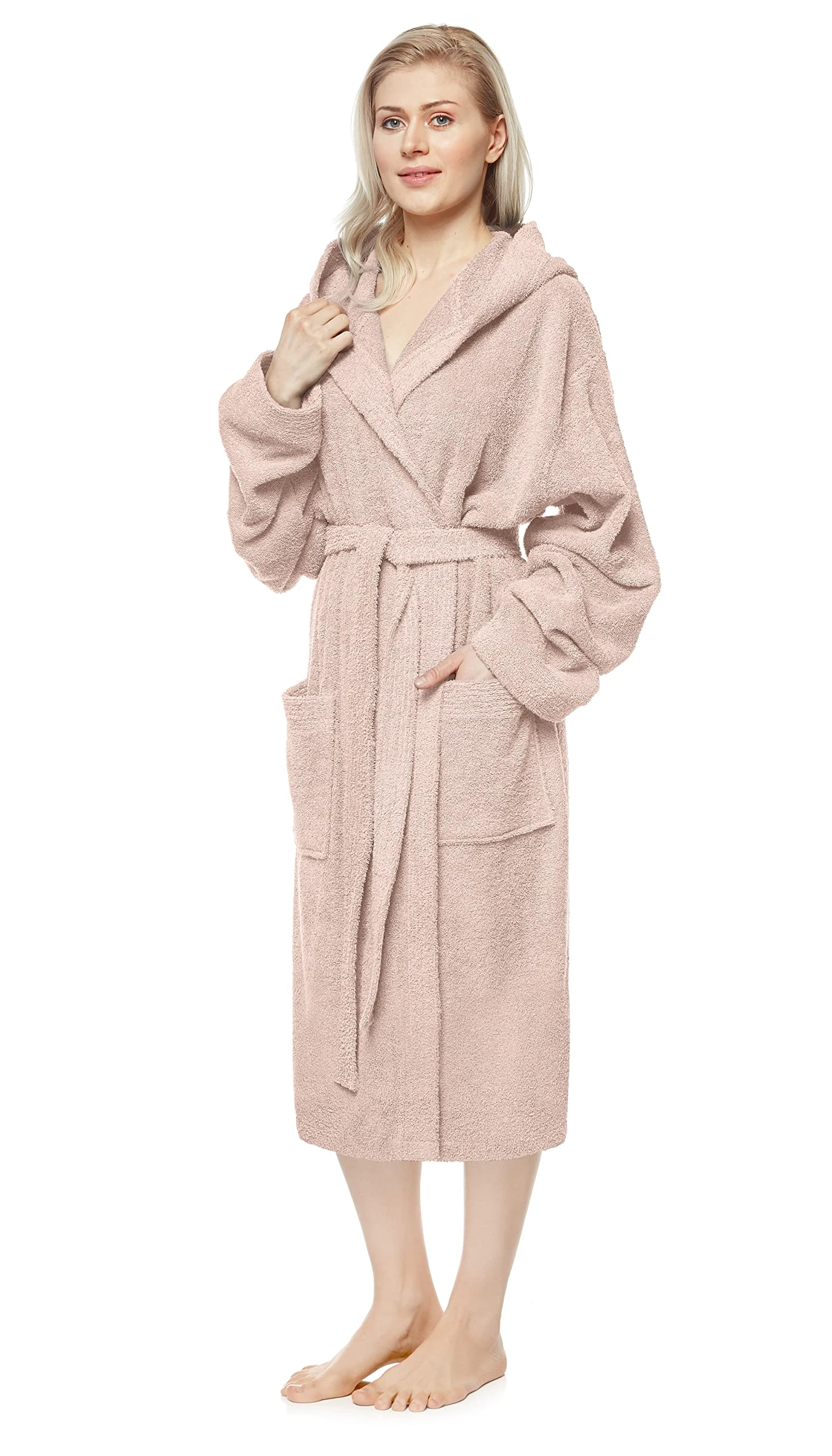 Arus Women's bathrobe with hood, calf-length, 100% cotton terry, Powder Pink, S-M