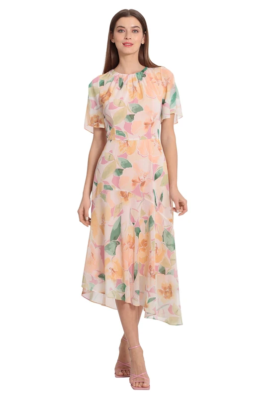 Maggy London Women's Short Flutter Sleeve Fit and Flare Dress with Asymmetric Hem Tier, Orchid/Buttercream, 14