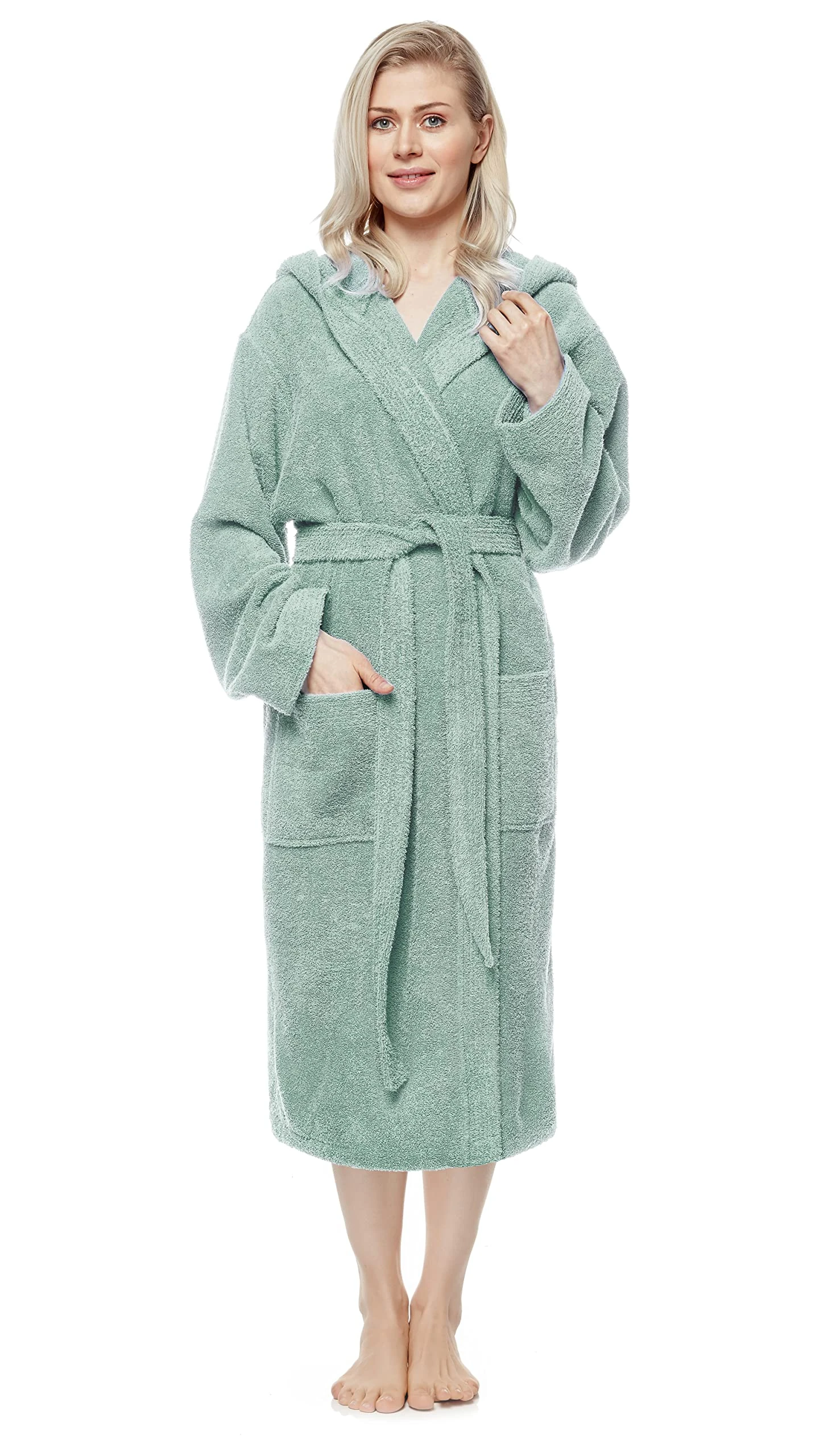 Arus Women's bathrobe with hood, calf-length, 100% cotton terry, Seafoam, S-M
