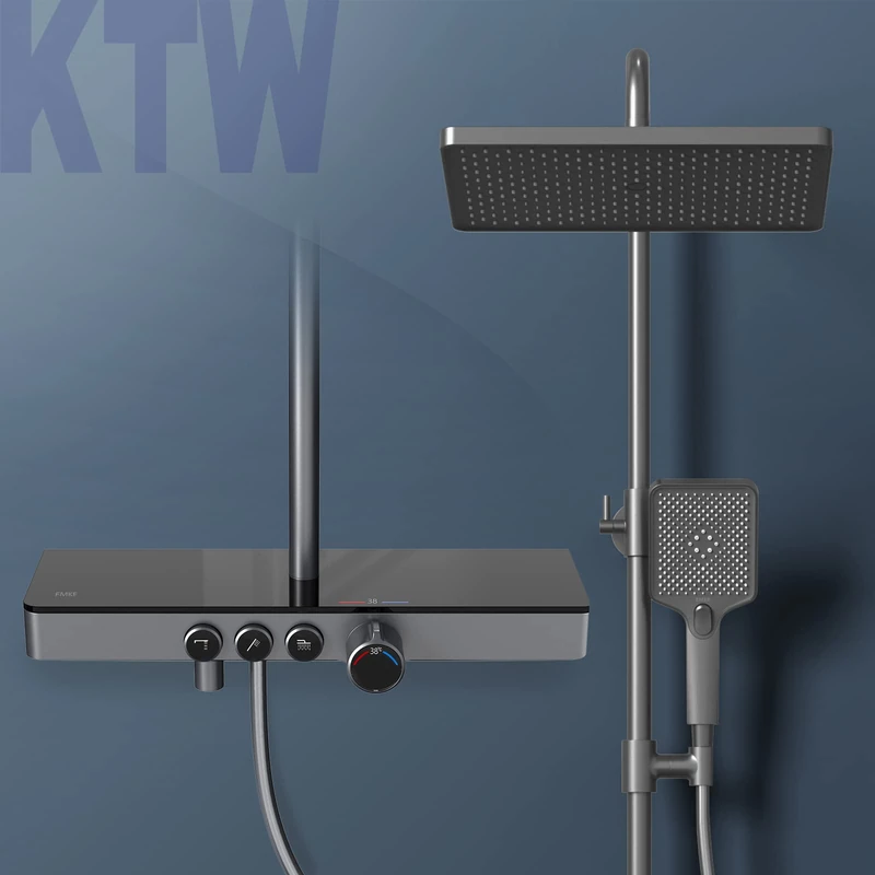 EMKE Shower System with Thermostat, 45cm Thermostatic Plate, Hand Shower, 3 Jet Types, Rain Shower with Faucet, Shower Feature Set, Effect Shower