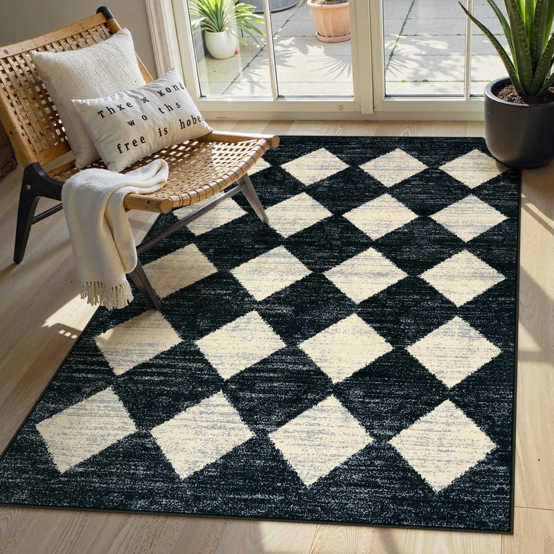 Lahome Moroccan Trellis Area Rug - 3x5 Washable Black Entry Rug Non Slip Living Room Mat, Distressed Lattice Soft Stain Resistance Indoor Throw Carpet for Front Door Foyer Bedroom Bathroom - Image 1