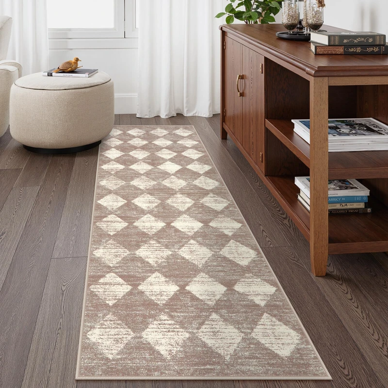 Lahome Moroccan Treills Runner Rug - 2x6 Beige Washable Rug Runner Carpet Runners for Hallway 6ft Non Skid, Checkered Long Kitchen Bathroom Non Skid Runner Rug for Bedroom Hallway Entryway