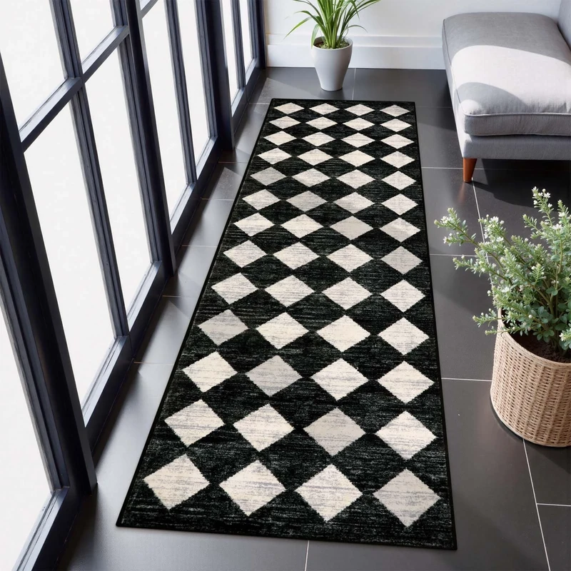 Lahome Moroccan Trellis Runner Rug - 2x8 Black Hallway Runner Rug with Rubber Backing, Checkered Kitchen Non Skid Carpet Runner Washable Indoor Mat for Camper Entryway Bathroom Hardwood Floor