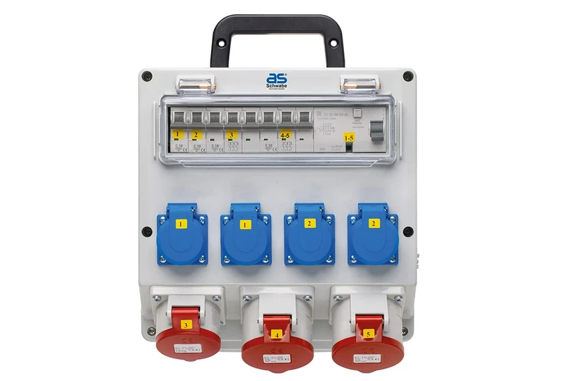 as - Schwabe Wall distributor ready for connection - 4x Schuko, 1x CEE (400V/16A/5-pin), 2x CEE (400V/32A/5-pin) - Construction power distributor fixed connection NYM-J up to 5x10 - IP44, 61519