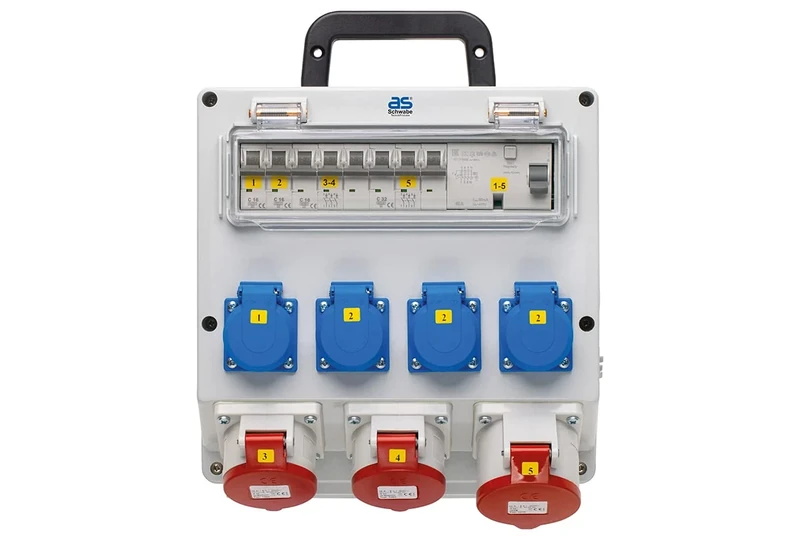 as - Schwabe Wall distributor ready for connection - output 4x Schuko, 2x CEE (400V/16A/5-pin), 1x CEE (400V/32A/5-pin) - construction power distributor fixed connection NYM-J up to 5x10