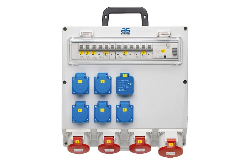 as - Schwabe Wall Distributor Ready for Connection - Output 5X Schuko, 3X CEE (400V/16A/5-pin), 1x CEE (400V/32A/5-pin), 2X USB - Construction Power Distributor NYM-J up to 5x10 - Distribution Box