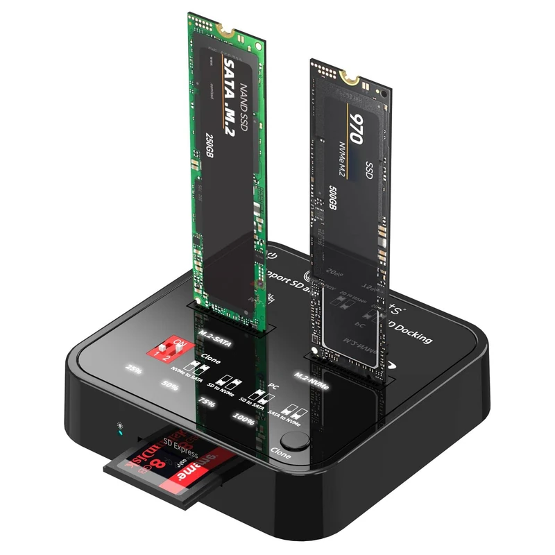 CoreParts USB3.2 Type-C (10Gbps) M.2 SATA/NVMe SSD Clone Docking CLONER (SATA/NVMe SSD Clone Docking with SD Express Card Reader - Box Includes USB-C Cable, Power Supply and User)