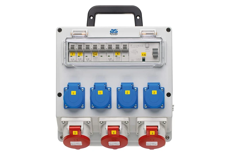 as - Schwabe Wall Distributor Ready for Connection, Output 4x Schuko, 3x CEE (400V/16A/5-pin), Construction Power Distributor, Fixed Connection NYM-J up to 5x6, Wet Room Distributor, Distribution Box