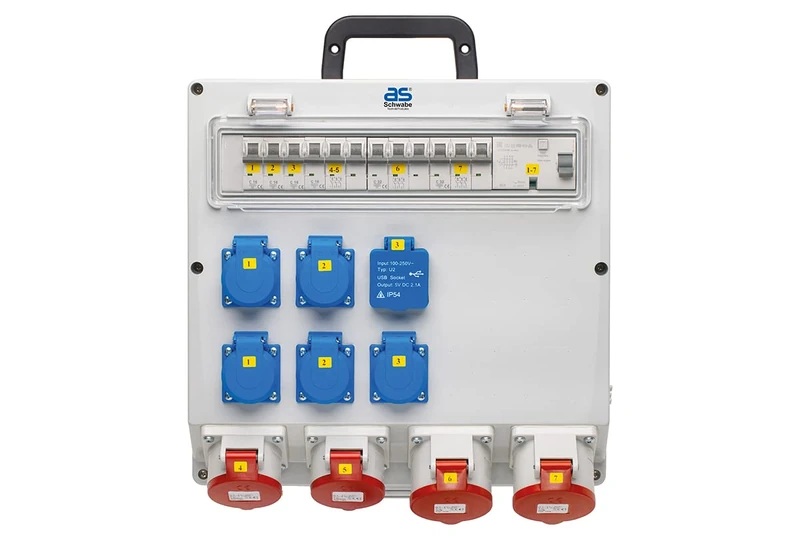 as - Schwabe Wall Distributor Ready for Connection - 5x Schuko, 2x CEE (400V/16A/5-pin), 2x CEE (400V/32A/5-pin), 2x USB - Distribution Box - IP44, 61526