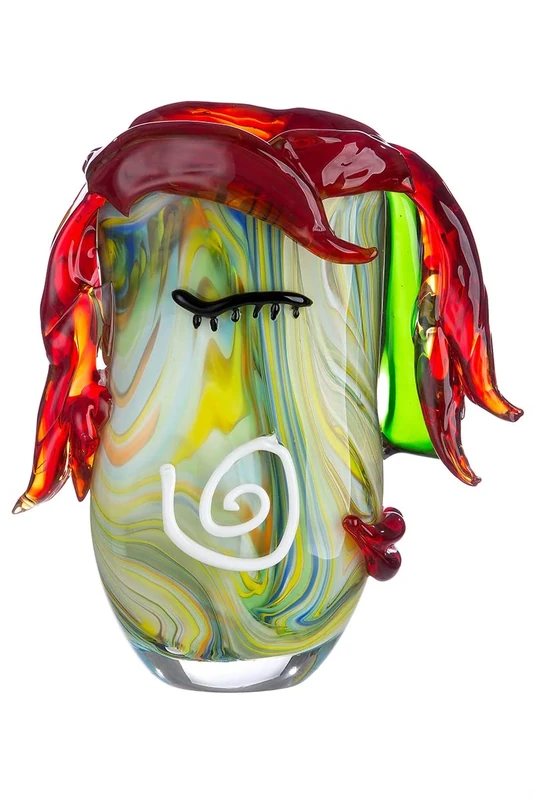 GILDE GLAS art Decorative Glass Face Vase - Art Object Flower Vase Glass Vase - Colour: Red/Green Height 29.5 cm