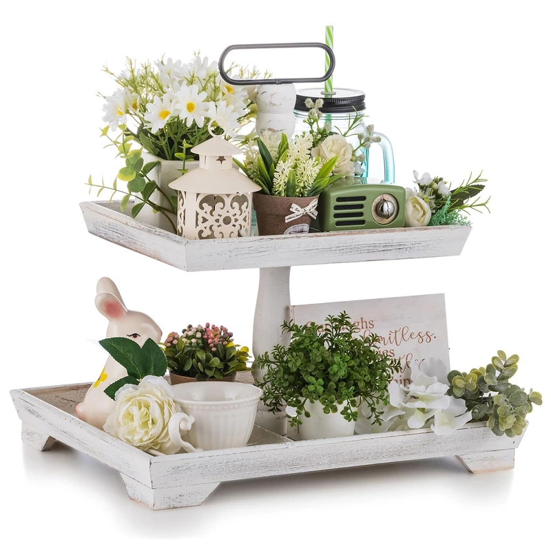 Hanobe Decorative Wooden Tiered Tray: Rustic Whitewashed Wood 2 Tier Stand Farmhouse Tray Decor Two Rectangle for Kitchen Counter Centerpieces Coffee Bar Easter Spring Valentine's Day - Image 1