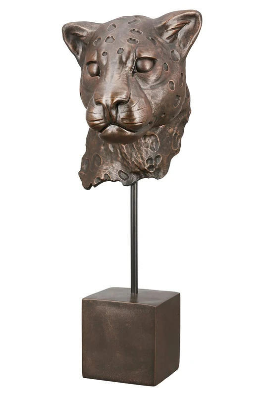 Casablanca Decorative Figure Sculpture Leopard Head on Base XL 3D Animal Head Statue Made of Resin Colour: Bronze Height 46 cm - Image 1