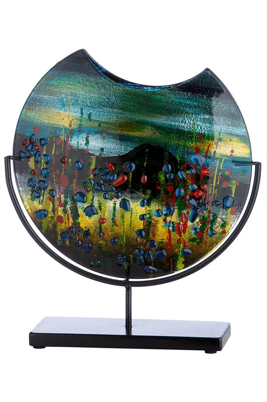 GILDE GLAS art Decorative Round Vase on Black Metal Base Hand-Painted with Glass Elements Art Object Multicoloured Height 37 cm - Image 1