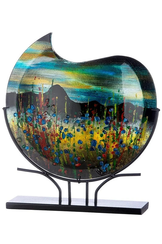 GILDE GLAS art Decorative Round Vase XL on Black Metal Base - Hand Painted with Glass Elements - Art Object Multi-Coloured Height 47.5 cm