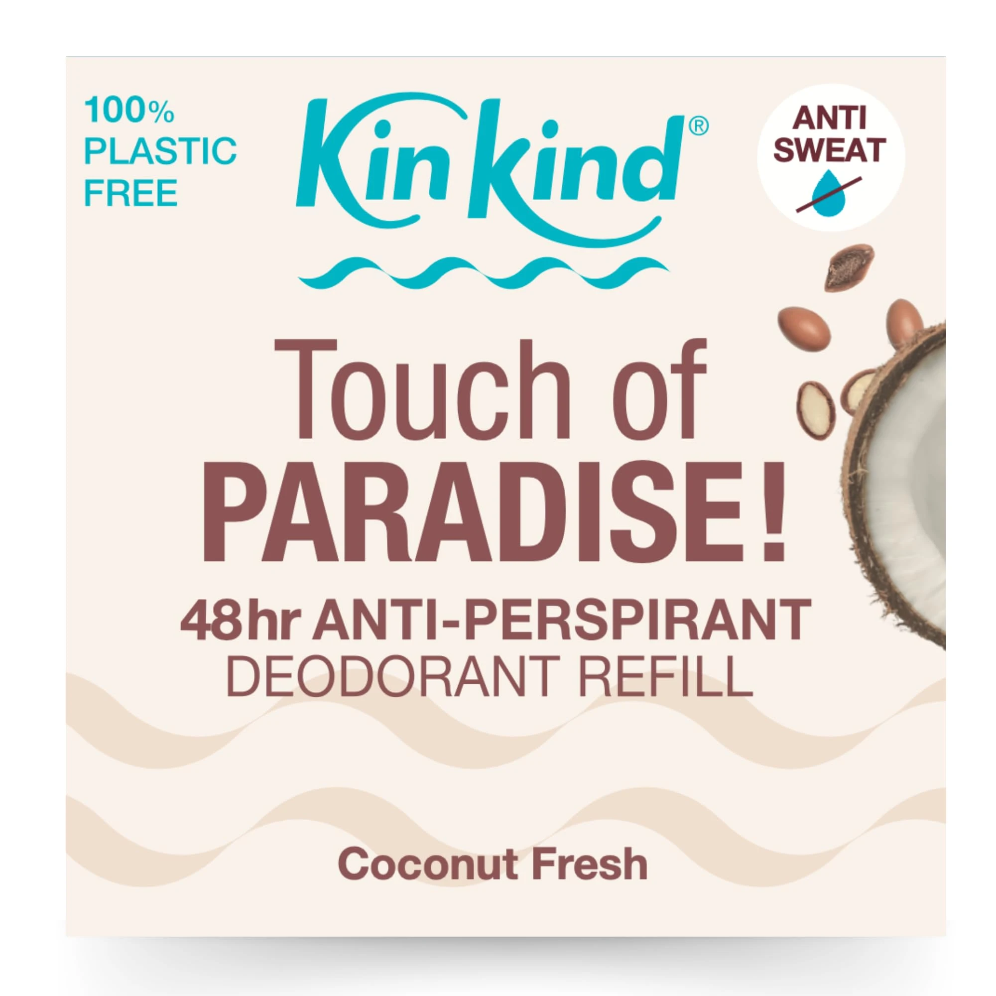 KinKind Refill 48hr AntiPerspirant Natural Deodorant. 48hr Odour Protection. Natural Antiperspirant for Dryness. Touch of PARADISE! Coconut Fresh Fragrance. UK made. No Bicarb. Plastic Free. Vegan
