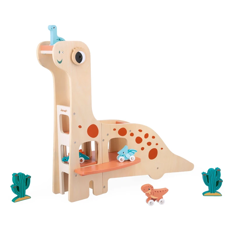 Janod - Children’s Diplodocus Dinosaur Garage - 4 Push-Along Dinosaurs and 2 Cacti - Develops Fine Motor Skills - FSC Wooden Toy - 24 Months +, J05835