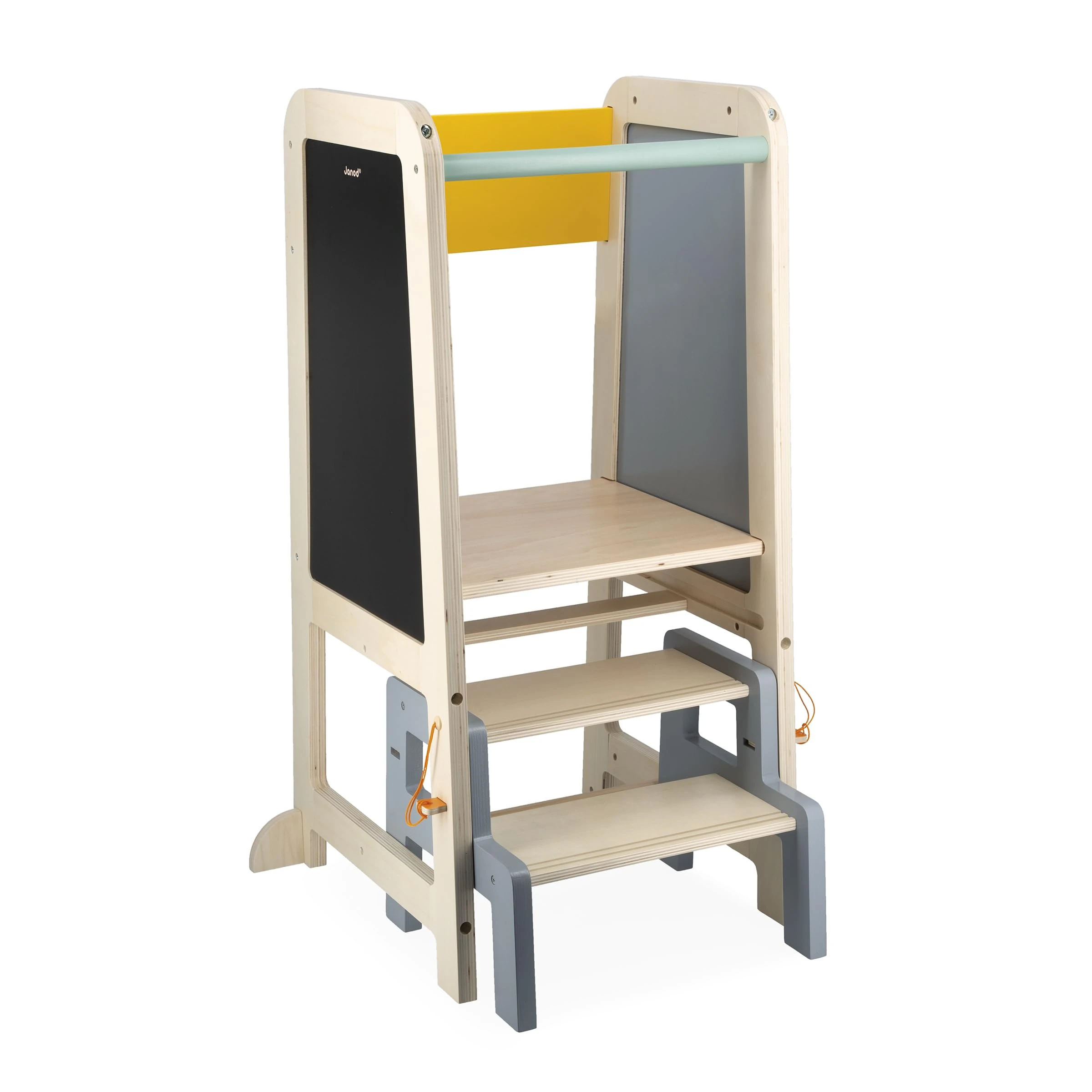 Janod - Wooden Observation Tower - 2 Adjustable Heights - 1 Removable Step, 1 Blackboard, 2 Chalks, 1 Brush - 18 Months +, J09640
