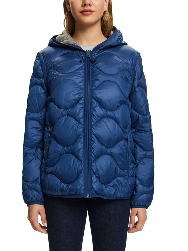 ESPRIT Recycled: Convertible Quilted Jacket with Hood, Grey-blue, XS