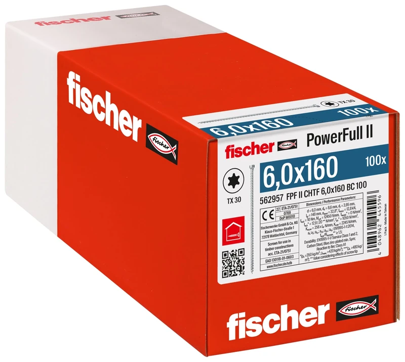 fischer PowerFull II 6.0 x 160 Premium Fully Threaded Screw (Pack of 100) with Innovative Tip Geometry, Steel Screw for Load-Bearing Wood Structures with Cylinder Head, Reduces Splitting Risk