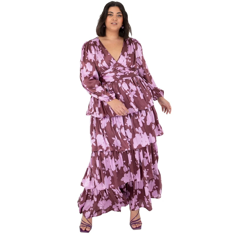 Anaya with Love Women's Damen Maxikleid für Hochzeitsgäste, Langärmelig, Tiefer V-Ausschnitt, Florales Muster, Rüschen, Empire-Taille Dress, Blumenmuster,