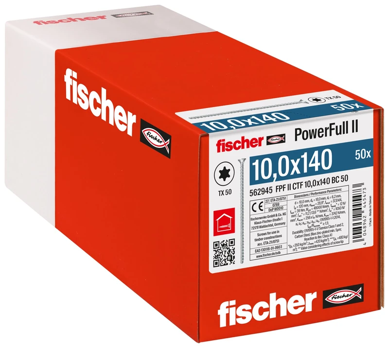 fischer PowerFull II 10.0 x 140 Premium Fully Threaded Screw (Pack of 50) with Innovative Tip Geometry, Steel Screw for Load-bearing Wood Structures with Countersunk Head, Reduces Splitting Risk