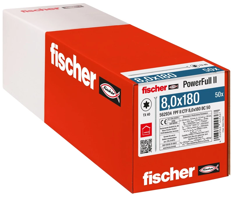 fischer PowerFull II 8.0 x 180 Premium Fully Threaded Screw (Pack of 50) with Innovative Tip Geometry, Steel Screw for Load-bearing Wood Structures with Countersunk Head, Reduces Splitting Risk