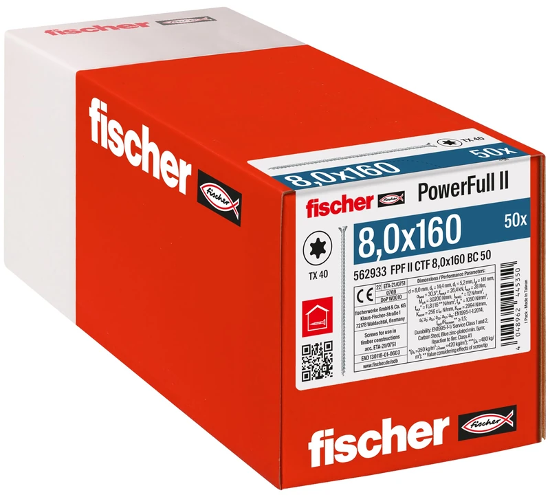 fischer PowerFull II 8.0 x 160, Premium Fully Threaded Screws (50 Pieces) with Innovative Advanced Geometry, Steel Screws for Wooden Bearing Constructions with Countersunk Head,
