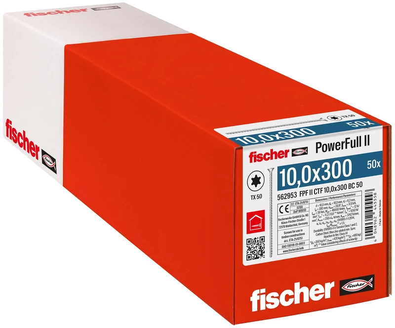 fischer PowerFull II 10.0 x 300 Premium Fully Threaded Screw (Pack of 50) with Innovative Tip Geometry, Steel Screw for Load-bearing Wood Structures with Countersunk Head, Reduces Splitting Risk