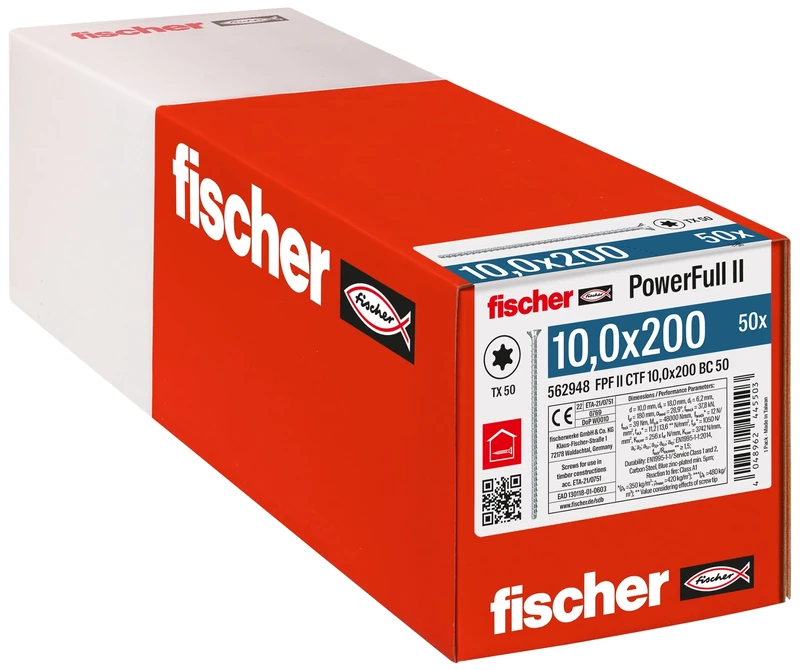 fischer PowerFull II 10.0 x 200, Premium Fully Threaded Screw (Pack of 50) with Innovative Tip Geometry, Steel Screw for Load-bearing Wood Structures with Countersunk Head, Reduces Splitting Risk
