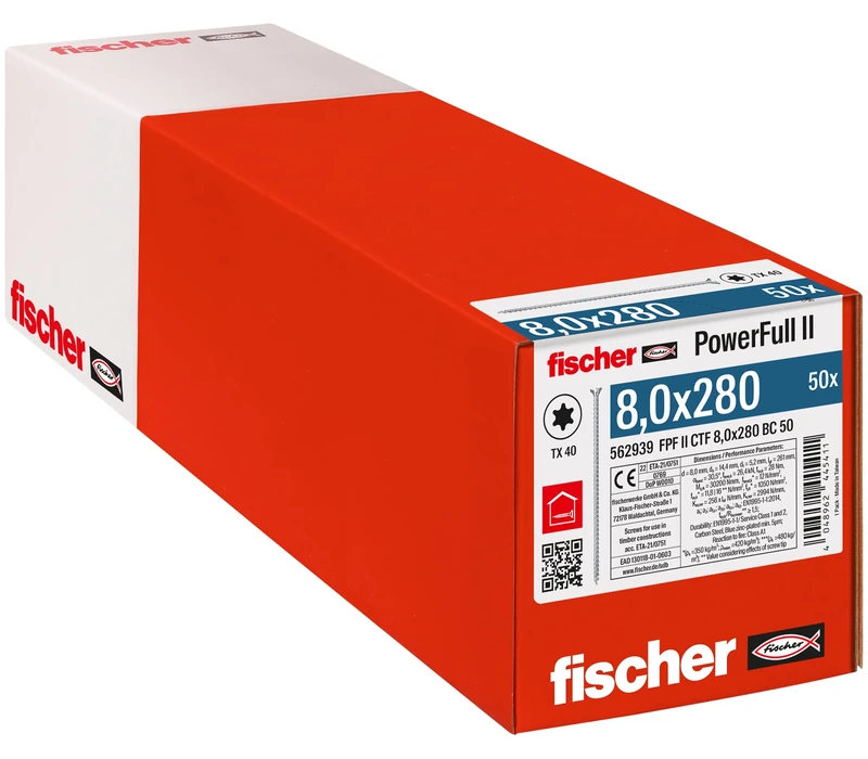 fischer PowerFull II 8.0 x 280, Premium Fully Threaded Screw (Pack of 50) with Innovative Tip Geometry, Steel Screw for Supporting Wooden Constructions with Countersunk Head, Reduces Splitting Risk