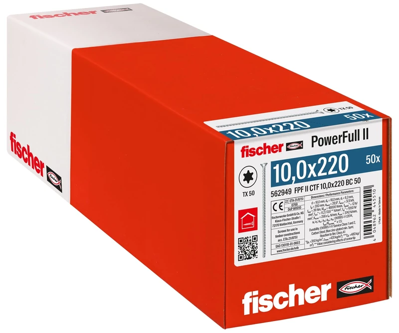 fischer PowerFull II 10.0 x 220, Premium Fully Threaded Screw (Pack of 50) with Innovative Tip Geometry, Steel Screw for Load-bearing Wood Structures with Countersunk Head, Reduces Splitting Risk