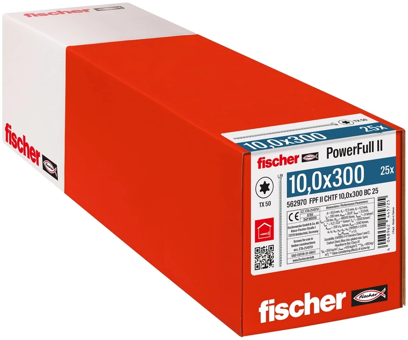 fischer PowerFull II 10.0 x 300 Premium Fully Threaded Screw (Pack of 25) with Innovative Tip Geometry, Steel Screw for Load-Bearing Wood Structures with Cylinder Head, Reduces Splitting Risk