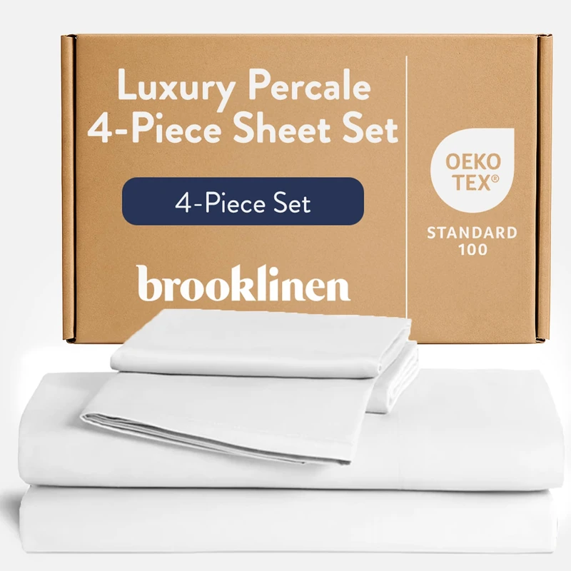 Brooklinen Luxury Percale Sheet Set - 4 Piece 100% Cotton Bed Sheets - 1 Fitted & 1 Flat Sheet, 2 Pillowcases - Cotton Percale Sheets for Hot Sleepers (Full Size, White)
