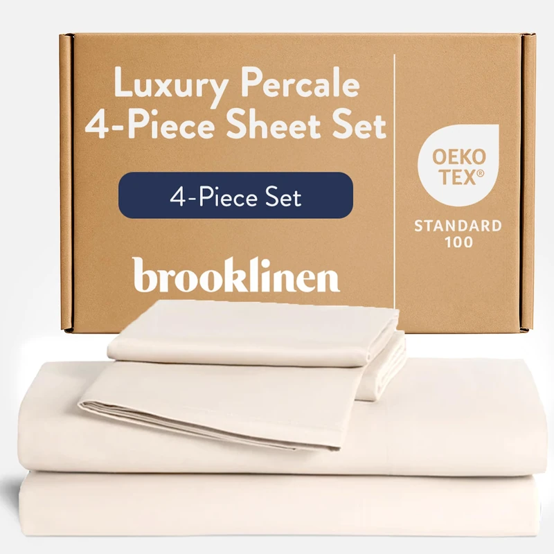 Brooklinen Luxury Percale Sheet Set - 4 Piece 100% Cotton Bed Sheets - 1 Fitted & 1 Flat Sheet, 2 Pillowcases - Cotton Percale Sheets for Hot Sleepers (Queen Size, Cream)