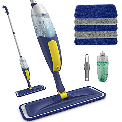 Microfibre Spray Mops for Cleaning Floors - BPAWA Hard Floor Mop with Spray Flat Dry Dust Wet Mop for Laminate Tile Wood Vinyl Wooden Floor Cleaner Mop with 5 Reusable Washable Pads and 550ML Bottle