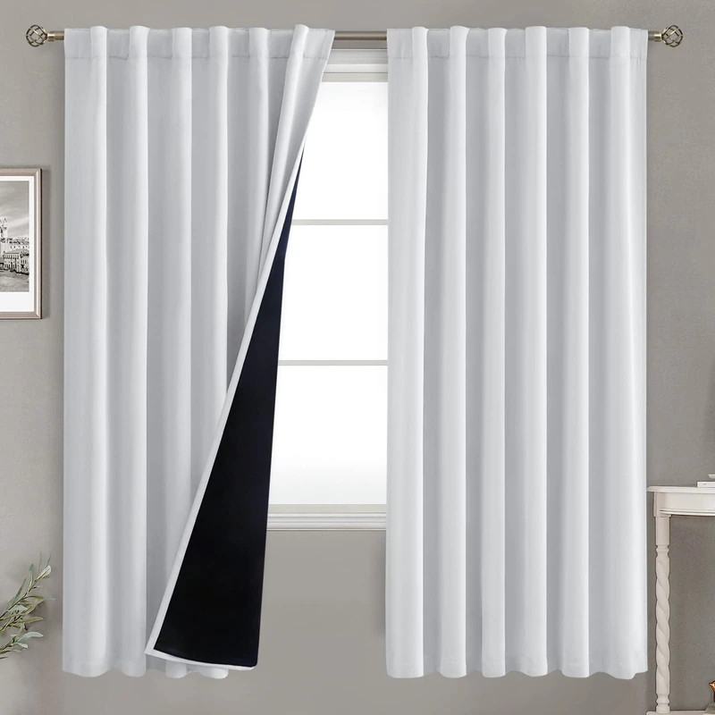 BGment Greyish White 100% Blackout Curtains 72 Inches Long with Black Liner, Rod Pocket and Back Tab Double Layer Room Darkening Thermal Window Curtains for Bedroom, 2 Panels, Each 52 x 72 Inch