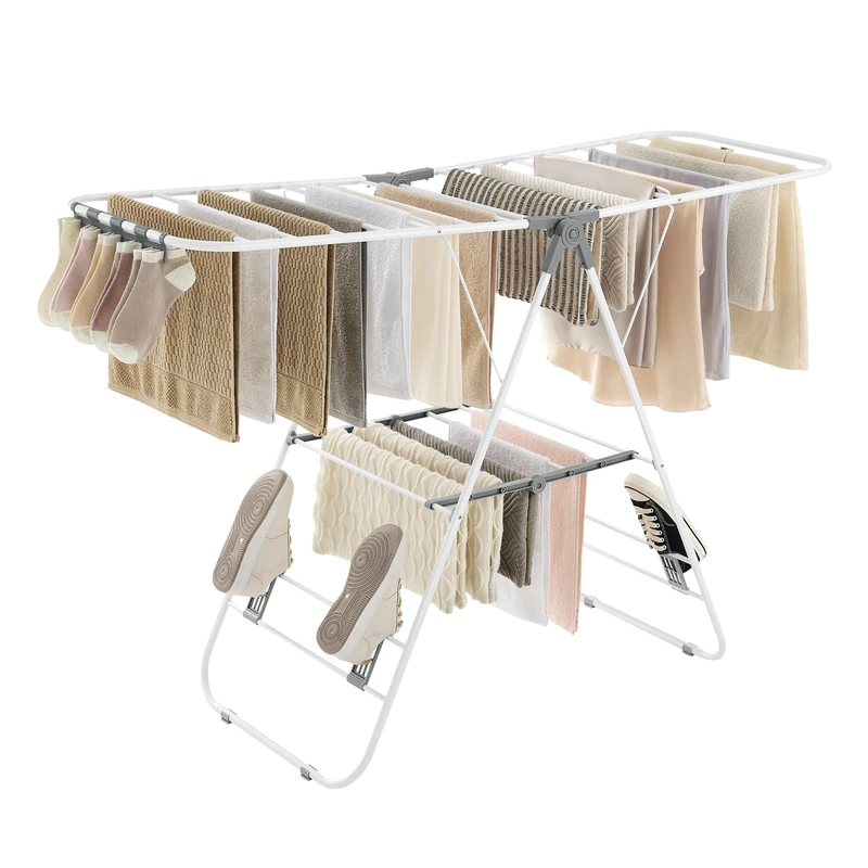 SONGMICS Clothes Airer, Foldable Clothes Drying Rack, Clothes Horse with Height-Adjustable Wings, Free-Standing Laundry Drying Rack, Indoor and Outdoor Use, Steel, White and Grey LLR502G01